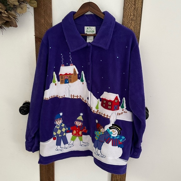 Quacker Factory Christmas Sweater Jacket XL Purple Cardigan Snowman Button Down - Picture 4 of 16